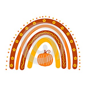Autumn rainbow. Cute fall or Thanksgiving clipart. Vector template for banner, poster, greeting card, flyer, postcard