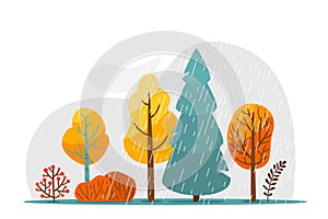 Autumn rainy landscape with rain texture, cloud, tree, bush and branch vector illustration. Abstract autumnal scene