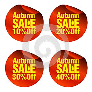 Autumn red sale stickers set 10%, 20%, 30%, 40% off