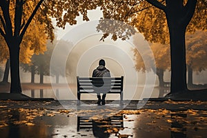 Autumn reflection Solitary man on bench in park, rain and fog