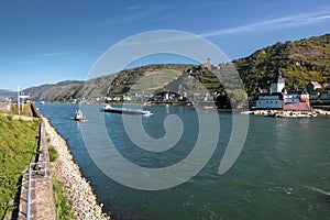 Autumn on the Rhine river with views of Pfalzgrafenstein and Gutenfels castles, near town Kaub