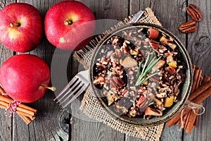 Autumn rice pilaf overhead scene on rustic wood