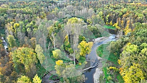 Autumn river delta floodplain fall color meander drone aerial inland video shot in sandy sand alluvium, benches forest