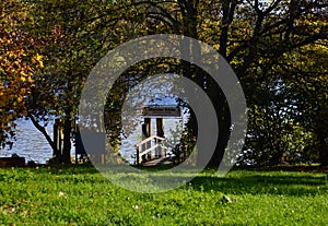 Autumn at the River Havel at the Bridge Glienicker Bruecke, Potsdam, Brandenburg photo