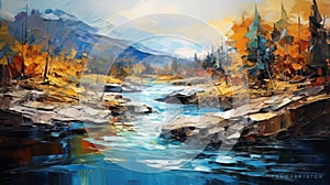 Autumn River Painting In The Style Of Josef Kote And Max Rive