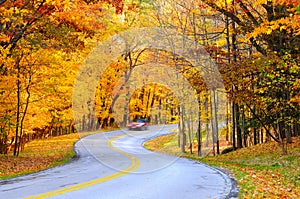 Autumn road with car