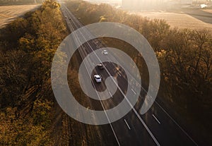 Autumn road in forest drone aerial shot, Overhead view of foliage trees