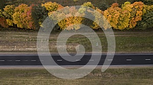 Autumn road top view aerial view from a drone