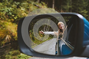 Autumn road trip woman traveling by rental car adventure lifestyle vacations vibes outdoor in Norway