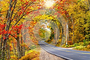 Autumn road winding through fall foliage in New England