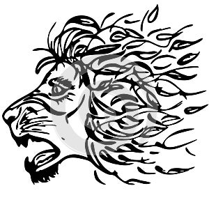 Autumn roaring lion black silhouette, vector emblem of lion head as part of logo or tattoo design