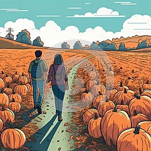 Autumn Romance: Couple Walks Hand in Hand Through Pumpkin Patch