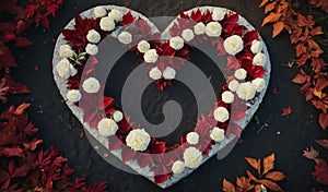 Autumn Romance: Heart of White and Red Flowers on Street with Scattered Leaves