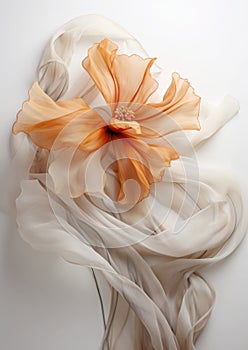 Autumn romance, vintage flower made of silk fabric develops in the wind, muted beige tones on a white background