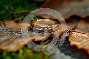 Autumn romance wedding ring placed amid dry, rustic leaves