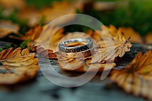 Autumn romance wedding ring placed amid dry, rustic leaves