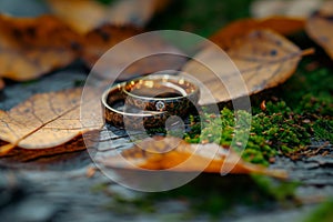 Autumn romance wedding ring placed amid dry, rustic leaves