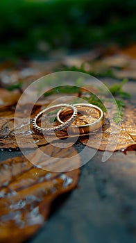 Autumn romance wedding ring placed amid dry, rustic leaves