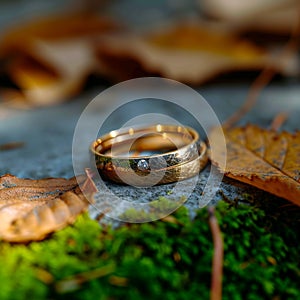 Autumn romance wedding ring placed amid dry, rustic leaves