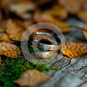 Autumn romance wedding ring placed amid dry, rustic leaves