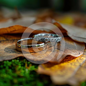 Autumn romance wedding ring placed amid dry, rustic leaves