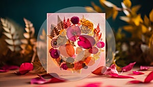 Autumn romance on a wood table with flower decoration generated by AI