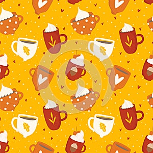Autumn romantic seamless pattern with cute cups