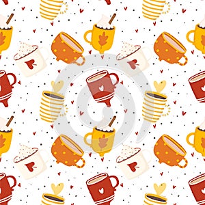 Autumn romantic seamless pattern with cute cups