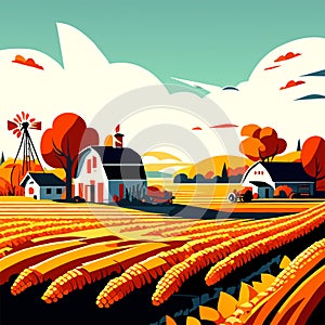 Autumn rural landscape with farm and windmill. Vector illustration. Generative AI