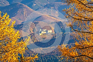 Autumn rural landscape with The medieval castle Lietava, Slovaki