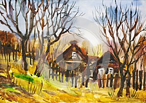 Autumn rural landscape with naked trees