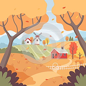 Autumn rural landscape with trees, fields, houses and windmill. Countryside landscape. Vector illustration in flat style