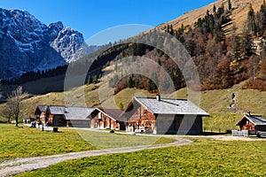 Autumn rural scenery of Engalm with alpine village Almdorf Eng, Tyrolean Karwendel Mountains, Austria,Tyrol