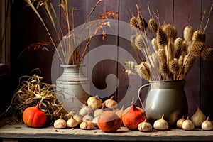 Autumn rustic still life on a dark wooden background. A metal jug and a ceramic vase with fluffy dried flowers. Generative by ai