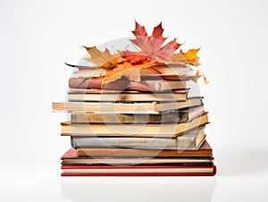 Autumn's Chapters: Stack of Worn-Out Books Marked with Vibrant Fall Leaves on a Pure White Canvas