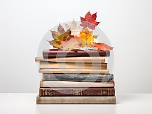 Autumn's Chapters: Stack of Worn-Out Books Marked with Vibrant Fall Leaves on a Pure White Canvas