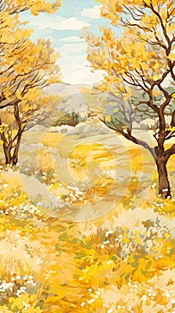 Autumn\'s Golden Symphony: A Serene Landscape of Olive Trees, Yel photo