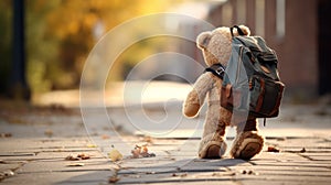 Autumn\'s Tender Embrace: Teddy Bear Sets Off for School with Satchel