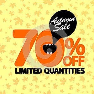 Autumn Sale 70% off, poster design template, discount banner, special offer, end of season, vector illustration