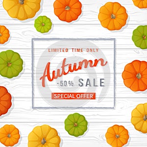 Autumn sale background. Banner flyer in a rectangular frame with colored pumpkins on a white wooden table. Special seasonal offer