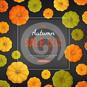 Autumn sale background. Discount, sale in autumn. Banner flyer with pumpkins on black texture. Special seasonal offer.