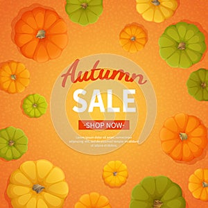 Autumn sale background. Discount, sale in autumn. Banner flyer with pumpkins on orange background. Special seasonal offer.