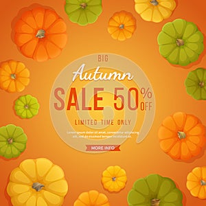 Autumn sale background. Discount, sale in autumn. Banner flyer with yellow, green, orange pumpkins on a orange background.