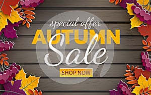 Autumn sale banner, 3d paper colorful tree leaves on wooden background. Autumnal design for fall season sale banner, special offer