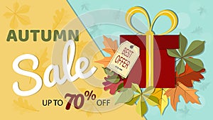 Autumn sale banner with colorful fall leaves and gift bo