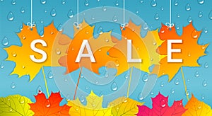 Autumn sale banner with colorful leaves and raindrops.