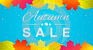 Autumn sale banner with colorful leaves and raindrops.