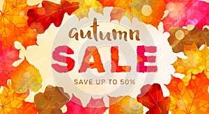 Autumn sale banner with colorful leaves on sunny background.Good for social media, promotional materials, ads, email marketing.