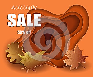 Autumn sale banner in cut paper style, mockup design discounted season, colorful yellow leaves on orange 3d background, vector.