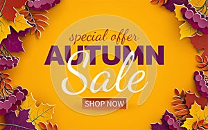 Autumn sale banner, 3d paper colorful tree leaves on yellow background. Autumnal design for fall season sale banner, special offer